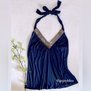 EXPRESS • Dazzling Gun Metal Sequins V-Neck  Soft & Silky Halter Top Womens XS